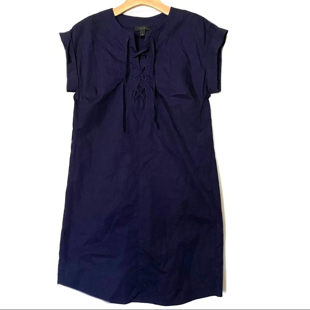J. Crew Navy Blue Lace Up Cotton Sateen Shirtdress Dress XS 2 Knee Length
